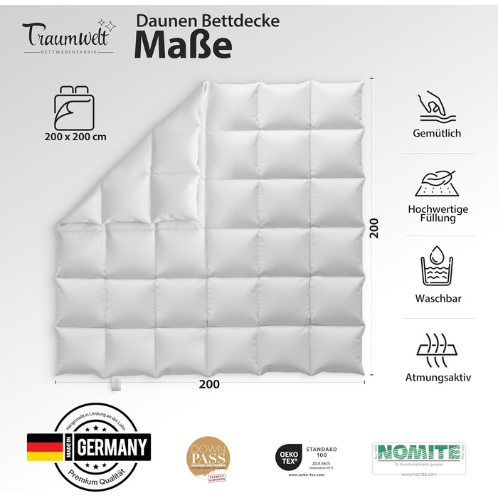 Dreamworld Nature Duvet - Made in Germany - 200x200 cm down duvet made of 90% down and 10% feathers, winter duvet, suitable for allergy sufferers (nomite), Öko-Tex 100 Class 1 certified, Downpass 200 x 200 cm winter duvet