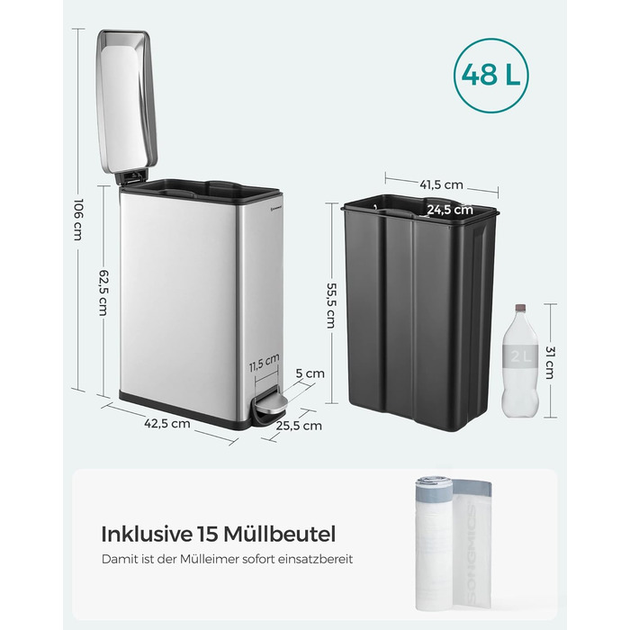 Степле́р SONGMICS для кухні, 48 літрів, вузький, з м'яким закриттям, з відром, з нержавіючої сталі, 15 мішків у комплекті, сріблястий