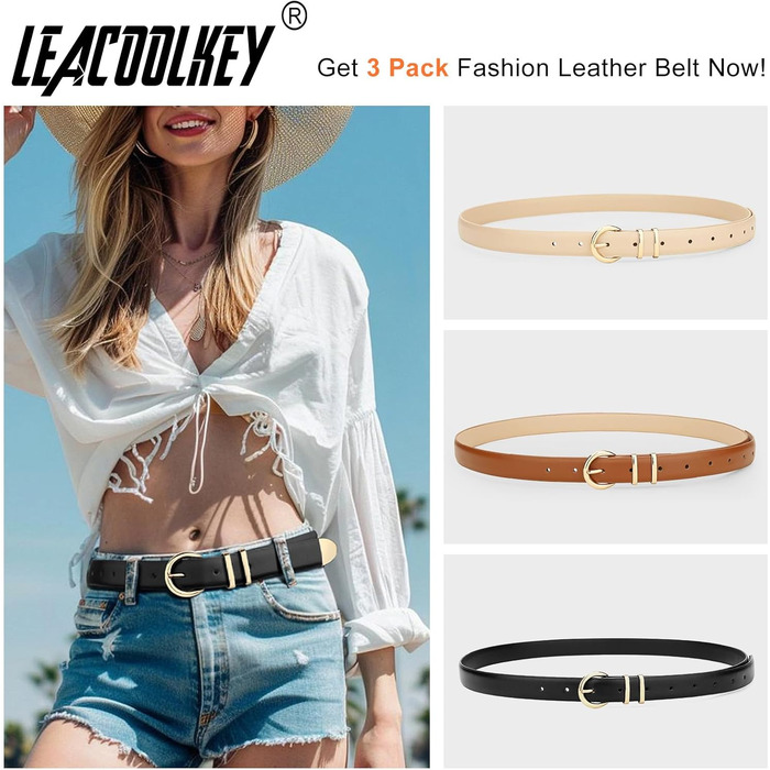 LEACOOLKEY: 3 жіночі шкіряні ремені-коси для джинсів та суконь. В'язані ремені з металевою блискавкою (100 см). Розмір: 66-76 см. Кольори: чорний, коричневий, бежевий.