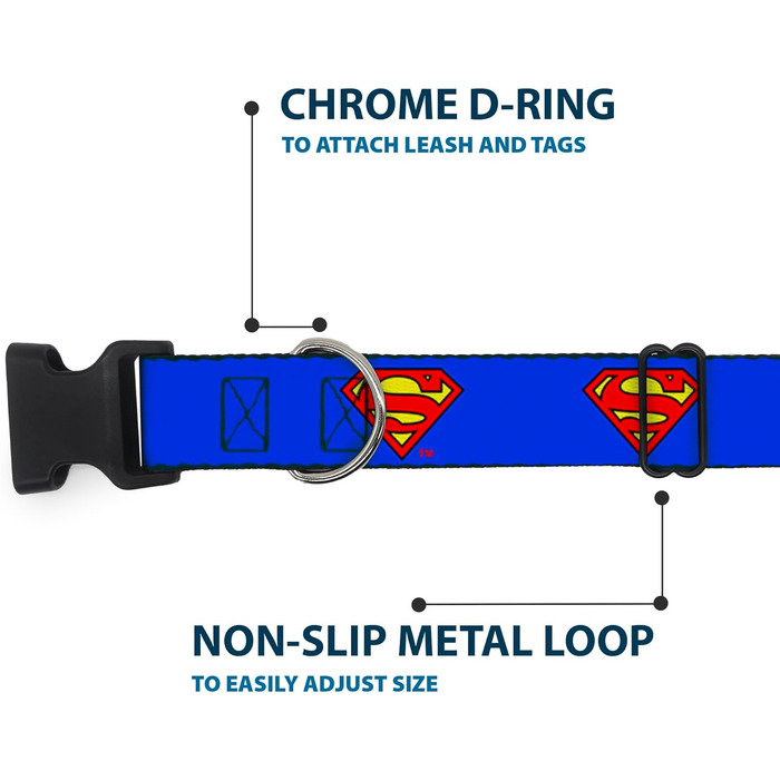 Нашийник Buckle-Down з пластиковим кліпом - Superman Shield, блакитний, ширина 1/2 дюйма, розмір для шиї 6-9 дюймів, S