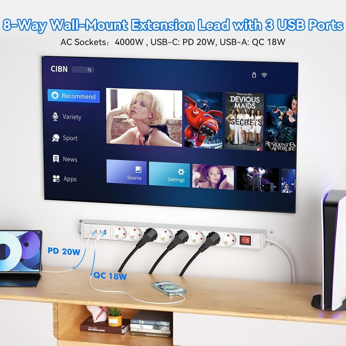 Мережевий фільтр із захистом від перенапруги, 10 розеток, поворотний на 360°, для стін, кабель 1.8м, 16A/4000W, для офісу та дому, чорний