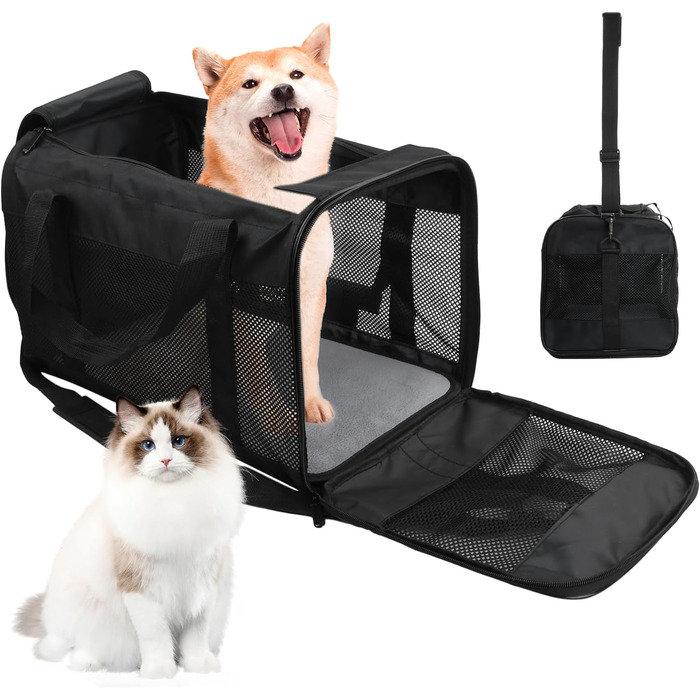 Транспортна сумка для кота та собаки Amexo, складана переноска для тварин, переноска для котів та собак середніх розмірів до 10 кг, 44 x 27 x 28 см (чорна)
