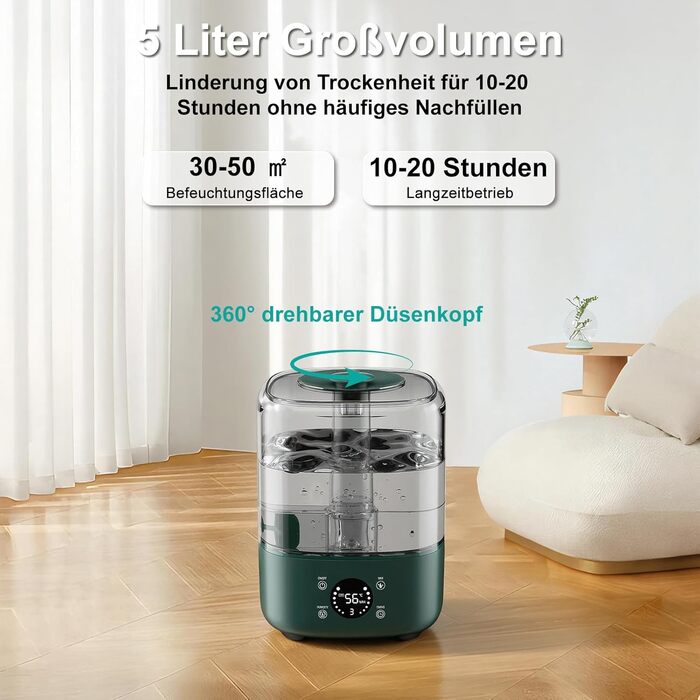 Увлажнитель воздуха Vankarr 5L, ультразвуковий, 28dB, с поворотним соплом 360°, для детей, офиса, растений, белый (Зеленая Интеллектуальность)