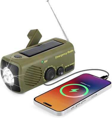 Радіо URPRO на ручному валу з AM/FM, 3000 mAh Powerbank, SOS-сигнал, LED-ліхтарик, USB-зарядний пристрій для мобільного телефону - ідеально для кемпінгу та походів