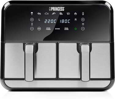Princess Double Chamber Air Fryer with 2x4L Capacity – 62.2% Less Energy Consumption – Separate Temperatures for 2 Compartments – 8 Programs – 182074, 1700 Watts, 38.4 x 37.4 x 30.8 cm 2x4L Double Chamber Air Fryer Silver