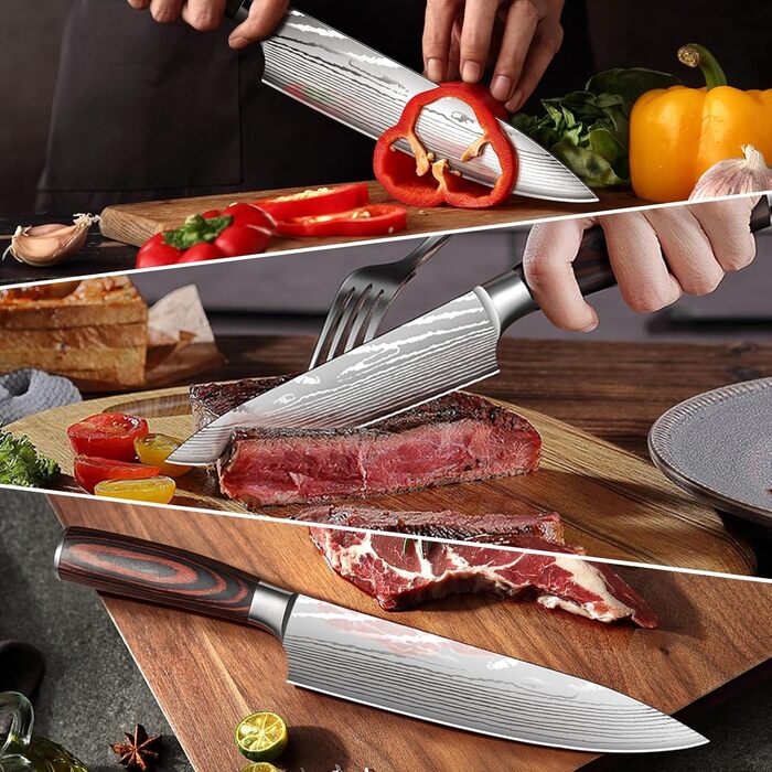 Професійний кухонний ніж Plys Kochmesser 20 см: гострий ніж з нержавіючої сталі з вуглецевим покриттям, ніж шеф-кухаря з ергономічною ручкою, срібляста клинка
