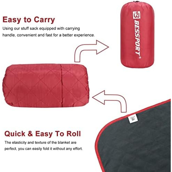 Bessport Camping Blanket, Picnic Blanket Sand-Resistant Camping Blanket, Warm Outdoor Picnic Blanket Fleece 200 x 145 cm - for Outdoor, Picnics, Camping, Travel, Patio, and Home Use (Red)