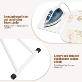 Відкидна дошка для прасування 110 x 38 x 64-77 см, 6 положень по висоті, з гумовими ніжками, бавовняним чохлом та підставкою для праски (біле квадратне візерунок, квіти)