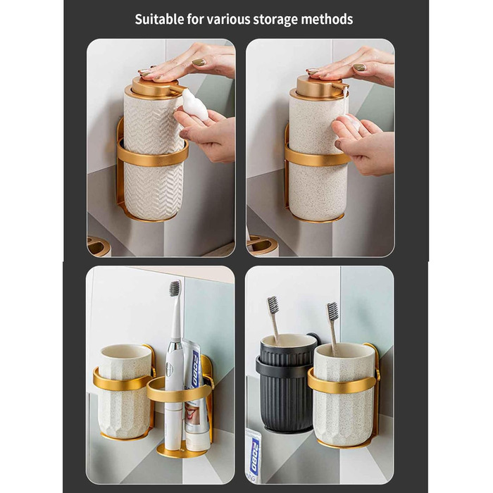 Wall-Mounted Toothbrush Holder No Drilling - Toothbrush Holder, Toothbrush Holder Bracket, Toothbrush Cup Holder, Self-Adhesive, Travel, Aluminum, Bathroom Mounted (Gold, 9.2x7x12.5cm)