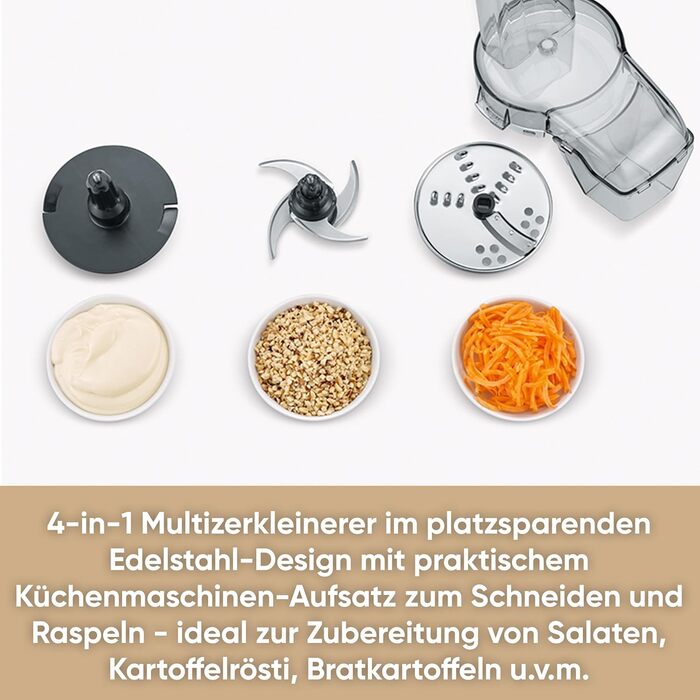 SEVERIN Compact Multi-Chopper, Universal Chopper for Coarse and Fine Chopping, Food Processor with Extensive Accessories, Brushed Stainless Steel / Black, KM 3865