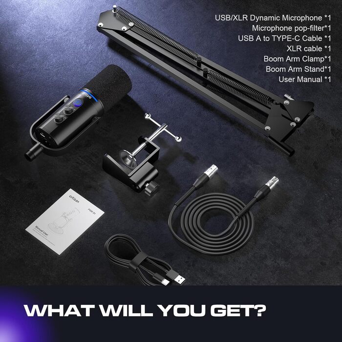 Мікрофон Ortizan XLR/USB для геймінгу та подкастингу з регулятором гучності, кріпленням, ефектами та шумозаглушенням - Чорний