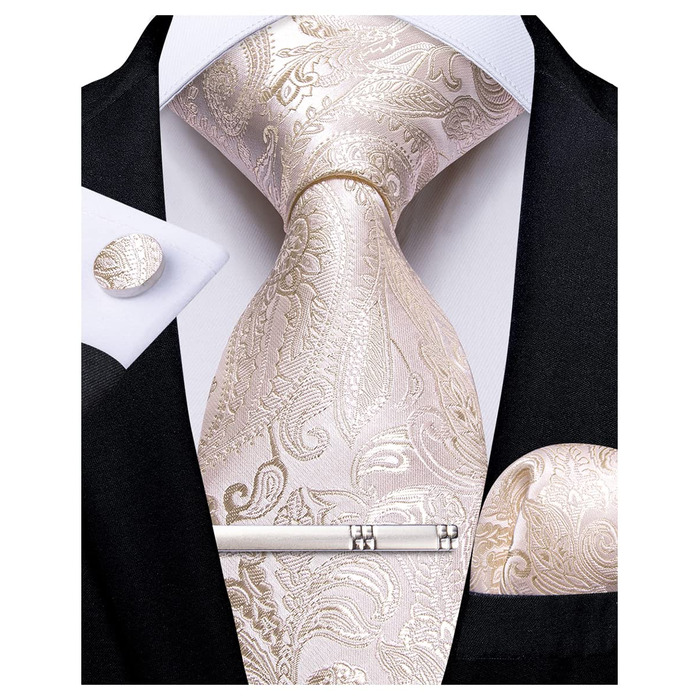 Шовкова краватка DiBanGu Paisley Floral, комплект з нагрудною хустинкою, запонками та затискачем для краватки, ніжно-рожевий - для весілля та бізнесу