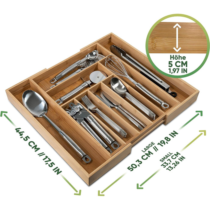 Loco Bird Cutlery Box for Drawers made of Bamboo - Adjustable Drawer Organizer Kitchen Wood - Cutlery Insert for Drawers Pull-out up to 50cm - Drawer Insert Kitchen - Cutlery Organizer