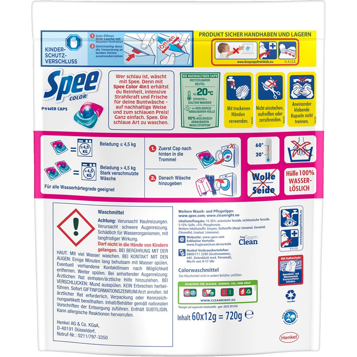 Капсули для прання кольорових речей Spee Power Caps Color, аромат Fresh, 120 шт.