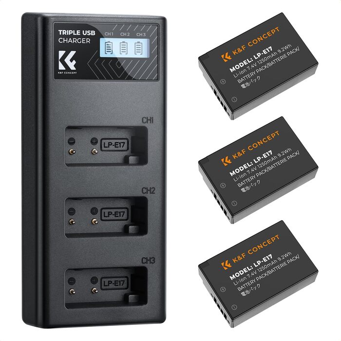 Акумулятор LP-E17 3шт. K&F Concept 1250mAh + LCD зарядний пристрій для Canon EOS RP, R10, R8, R50, Rebel T8i, T7i, T6i, SL2, SL3, 77D, 750D
