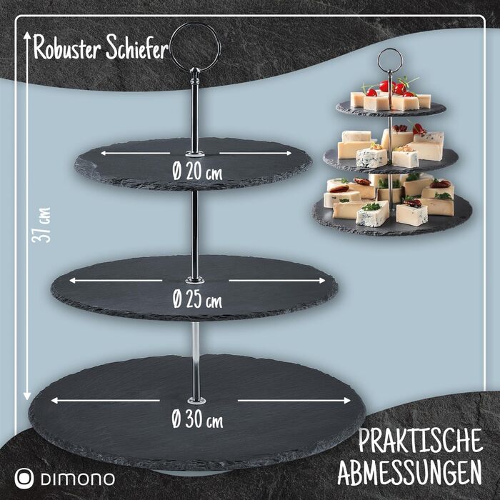 Dimono® Етажерка для сервірування Deluxe; 3 яруси - сервірувальні миски; фруктова та овочева миска з бамбуковим підставкою; для десертів, фруктів, овочів, солодощів та ін. (Шифер натуральний)