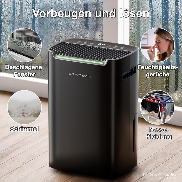 Зволожувач повітря Erikssøn з LED-дисплеєм, таймером та захистом для дітей | видаляє 20 л вологи на добу | для приміщень до 175 м³ | енергоефективний, з датчиком вологості, чорний