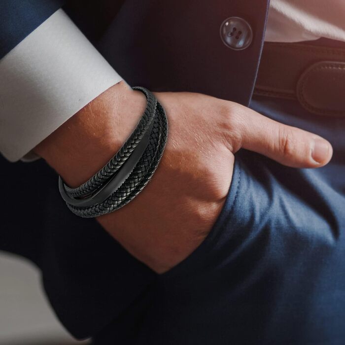 Чоловічий шкіряний браслет SHIEAGLELD з нержавіючою сталею та магнітною застібкою, плетіння, чорний, 19.5 см