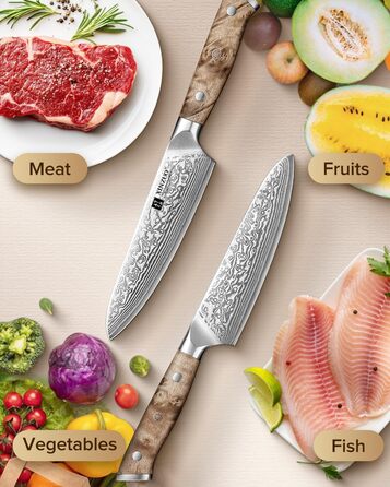 Ніж кухарський Kiritsuke XINZUO, Дамаська сталь 10Cr15CoMoV, дерев'яна рукоятка з клена (14.8 см) - для м'яса, риби, овочів