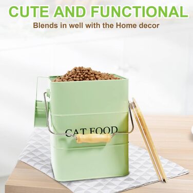 Металева коробка для котячого корму Geyecete з дерев'яним кришкою, 6L, зелена