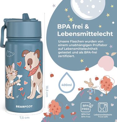 Дитяча термопляшка Bearfoot з нержавіючої сталі з трубочкою, 400 мл, без BPA, не протікає, для дівчаток та хлопчиків, ідеальна для школи та дитячого садка (Блакитна, з зображенням собаки та кота)
