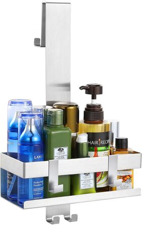 Emibele Shower Shelf for Hanging, Stainless Steel Shower Shelf No Drilling, Bathroom Shelf No Drilling with Hooks, Shampoo Lotion Holder, Shower Basket Towel Holder Wall Shelf for Glass Door Bathroom, Silver