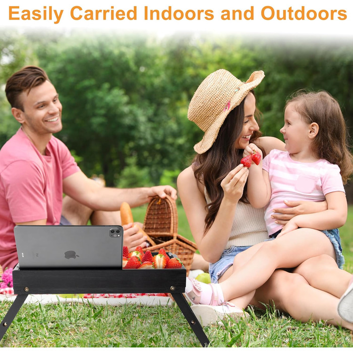 Бамбукове піднос-столик Greenual з ручками, складними ніжками, слотом для медіа, чорного кольору (2 шт.)