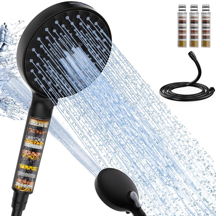 Душова лійка SR SUN RISE з фільтром, шланг та картриджі, 9 режимів, високий тиск, для жорсткої води, видаляє хлор, важкі метали, бактерії, чорний колір