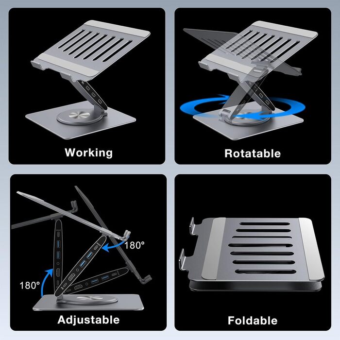 Регульована підставка для ноутбука на стіл з док-станцією 9-в-1, алюміній, USB-хаб, 360° обертання, Dual Display 4K60Hz HDMI, 3 USB 3.0, 100W PD зарядка, для MacBook Pro Air/Dell
