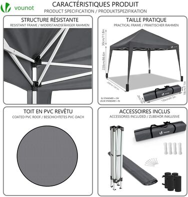 VOUNOT® Folding Gazebo 3x3m, with 4 Sandbags, Pop-Up Gazebo, UV Protection 50+, Grey