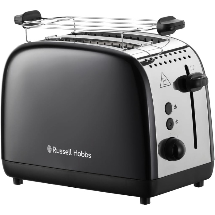 Тостер Russell Hobbs Colours Plus на 2 тости, нержавіюча сталь, чорний, з широкими відділеннями, підставкою для булочок, 6 режимів підсмажування, функцією розморожування, Lift & Look, 1600 Вт (26550-56)
