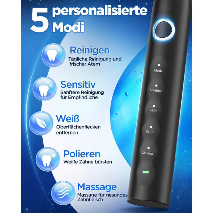 Електрична зубна щітка зі звуковими вібраціями, 8 насадок (3 типи), таймер, 120 днів роботи від акумулятора, 5 режимів чищення, чорний колір, для дорослих, з зарядною станцією