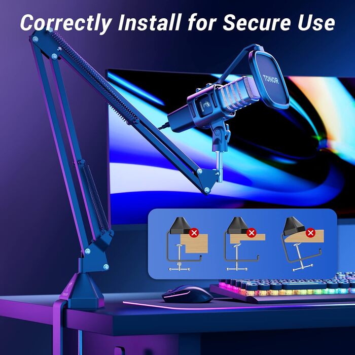 TONOR TC30 RGB мікрофон конденсаторний з підставкою, поп-фільтром та мікрофонною павутиною для стрімінгу, подкастингу, запису голосу, Twitch, сумісний з ноутбуком та ПК