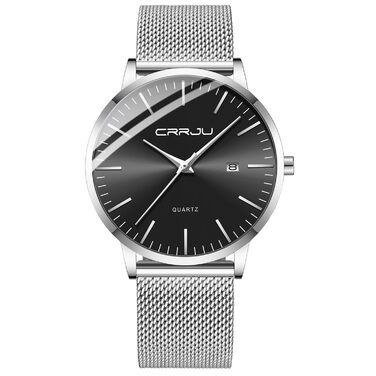 Чоловічий годинник CRRJU - ультратонкий, водонепроникний, з чорним міланською браслетом з нержавіючої сталі, кварцовий, бізнес-стиль