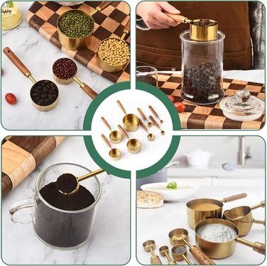 Набір мірних стаканів і ложок 8 шт, нержавіюча сталь золото з дерев'яною ручкою, метричні та американські одиниці, для приготування їжі, випічки та напоїв (60мл - 250мл)