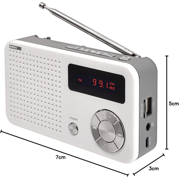 Портативне радіо EMOS з MP3-плеєром та акумулятором, FM радіоприймач, USB-C, Micro SD, білий/сірий