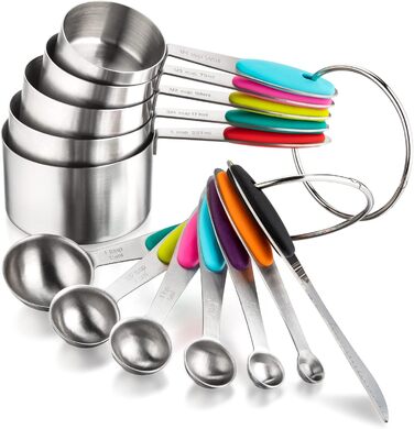 Stainless Steel Measuring Cup and Spoon Set including 4 Measuring Cups, 5 Measuring Spoons, and 1 Leveler for dry or liquid ingredients (C5S7)