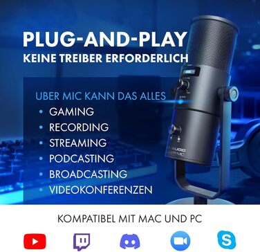 M-Audio Uber Mic - USB конденсаторний мікрофон для геймінгу, стрімінгу, подкастів та студійних записів. 4 характеристики спрямованості, кнопка вимкнення мікрофона, вихід для навушників