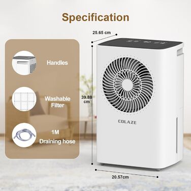 COLAZE 12L/24h Dehumidifier - Electric Dehumidifier Suitable for Room Sizes 120m³ (30m²) - Dehumidifier with Automatic Defrost & Water Level Warning - Room Dehumidifier Under 36dB for Apartment, Basement