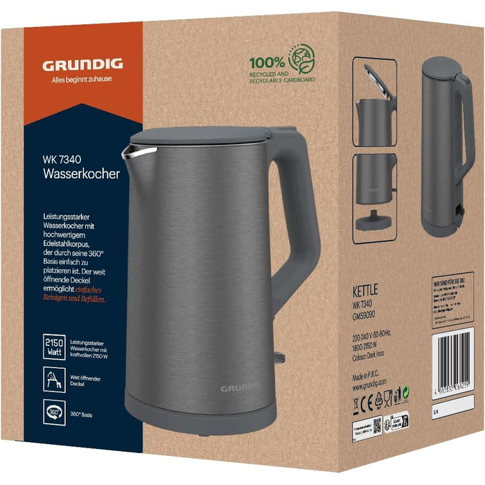 Електричний чайник Grundig WK 7340 Dark Inox: 1.5 л, 2150 Вт, автоматичне відключення, нержавіюча сталь