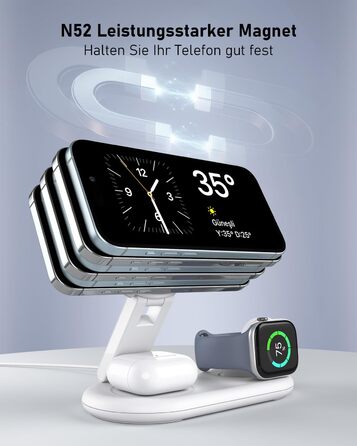 Портативна зарядная станція 3-в-1 для Apple Watch та iPhone з MagSafe, сумісна з iPhone 17, 16, 15, 14, 13, 12, AirPods Pro (біла)