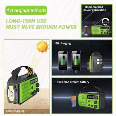 Портативне радіо Feegar Oze 3 Pro з сонячною панеллю та ручним приводом, радіо для надзвичайних ситуацій з AM/FM, 8000mAh, ліхтарик, датчик руху, USB-зарядний пристрій, SOS-сигнал, для кемпінгу