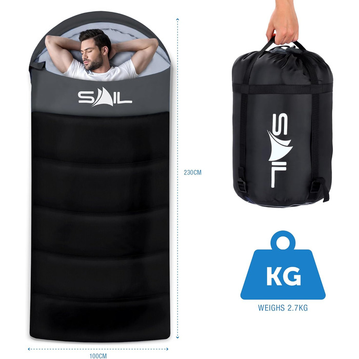 Сплячий мішок SAIL XL для великих людей, 3-4 сезони, 1,6-2,7 кг, легкий, водонепроникний, для відпочинку на природі, походів, кемпінгу (Чорний)