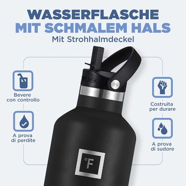 Термофляга IRON °FLASK Edelstahl 710 мл, чорна. Металева, двошарова, ізольована, без BPA. З трьома кришками (поїльник, соломинка). Для спорту, школи, фітнесу, кемпінгу.