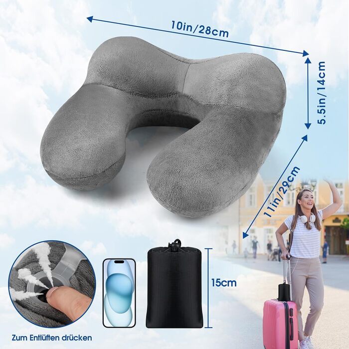 Подушка для шиї BBjinronjy надувна для подорожей, літака, офісу, авто, кемпінгу, з чохлом з м'якого велюру, ергономічна, з навушниками (сіра)