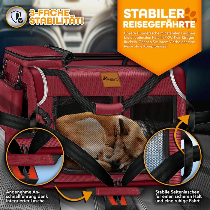 ТRESKO® Транспортна переноска для собак та котів, складана, з підкладкою, лопаткою та світловідбивачами, 50x34x34 см | Переноска для собак, велика, червона