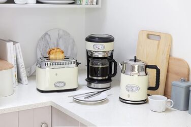 Russell Hobbs Toaster [for 2 slices] Retro Stainless Steel Cream (Retro-style countdown display, includes bun warmer, 6 browning levels + defrost & reheat function, 1300W) Vintage 21682-56