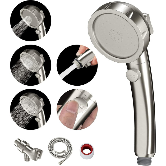 MIAOHUI Modern Handheld Showerhead with On/Off Switch, High-Pressure Showerhead with Handheld, 3 Spray Settings, Detachable Showerhead with Hose, Adjustable Shower Holder (Brushed Nickel)