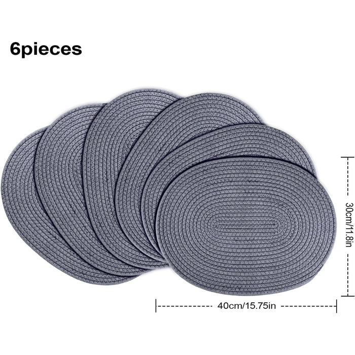 Fanquare Oval Woven Placemats Set of 6 Dark Grey Cotton Rope Braided Placemats Heat Resistant Washable Non-Slip Table Mats for Kitchen Dining Table, Home Decoration 30x40cm