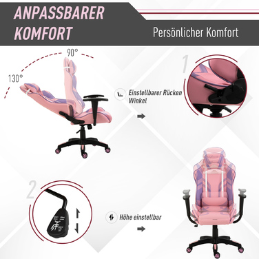 Vinsetto Gaming Chair Ergonomic Office Chair, Swivel Chair, Adjustable Massage Lumbar Cushion, Height Adjustable, Pink & Violet, 69x56x125.5cm | Aosom
